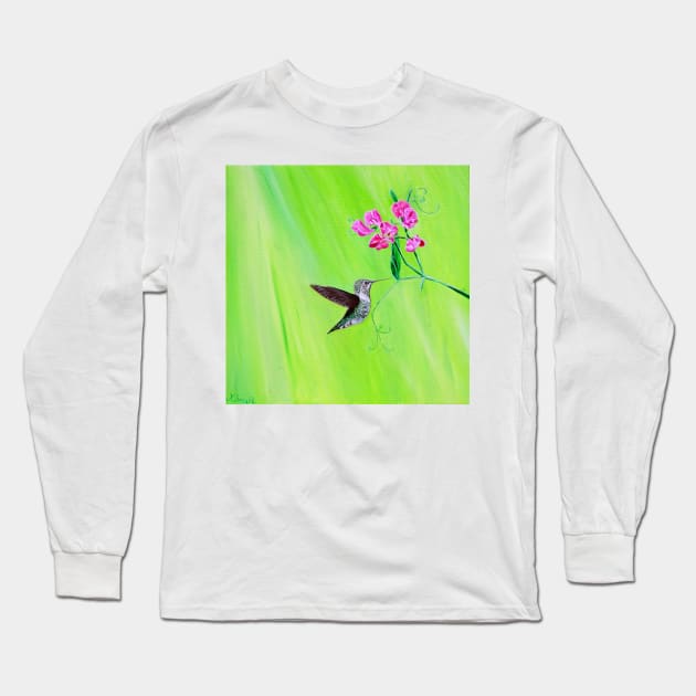 Hummingbird and Sweet Peas Painting Long Sleeve T-Shirt by ArtbyKirstenSneath